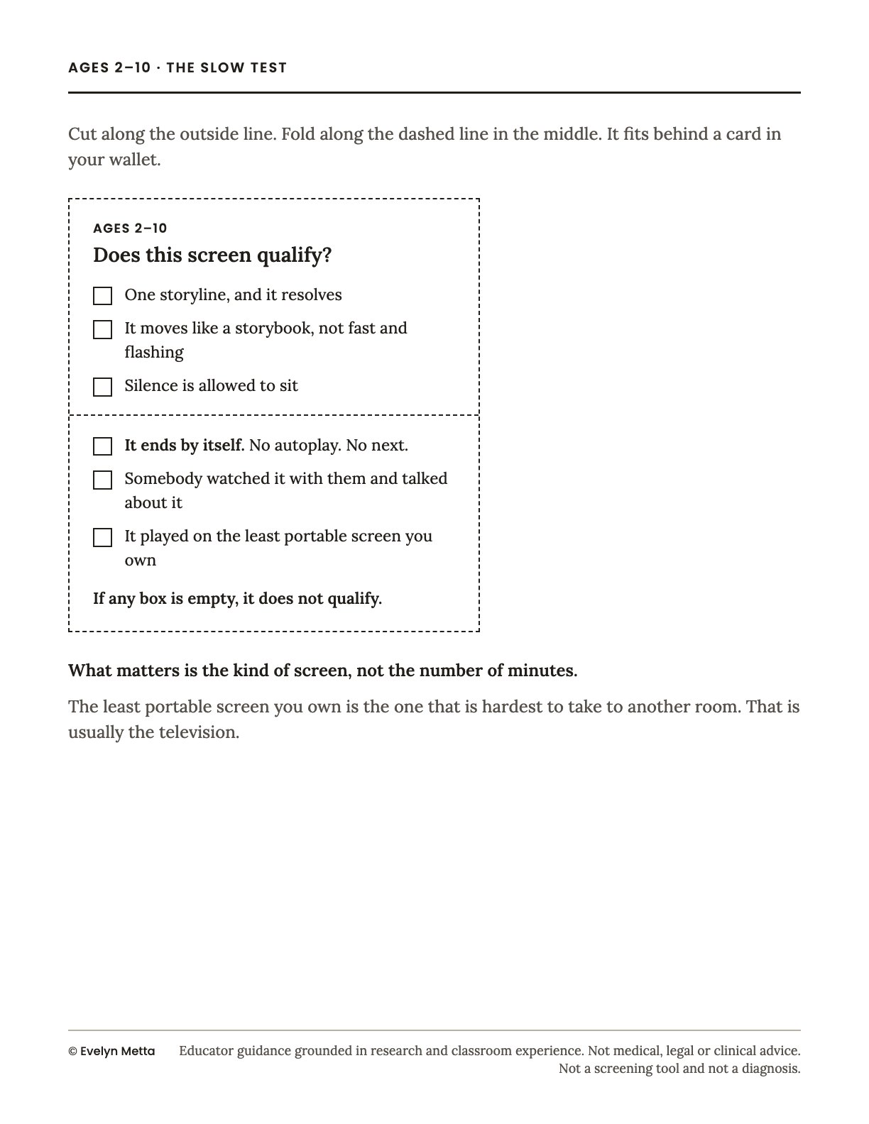 Printable: The slow test, a wallet card checklist for choosing a show.